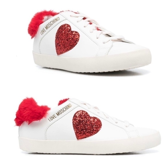 Love Moschino Shoes - Love Moschino Logo  Glitter-Red Heart With Red Faux Fur detail low-top sneaker